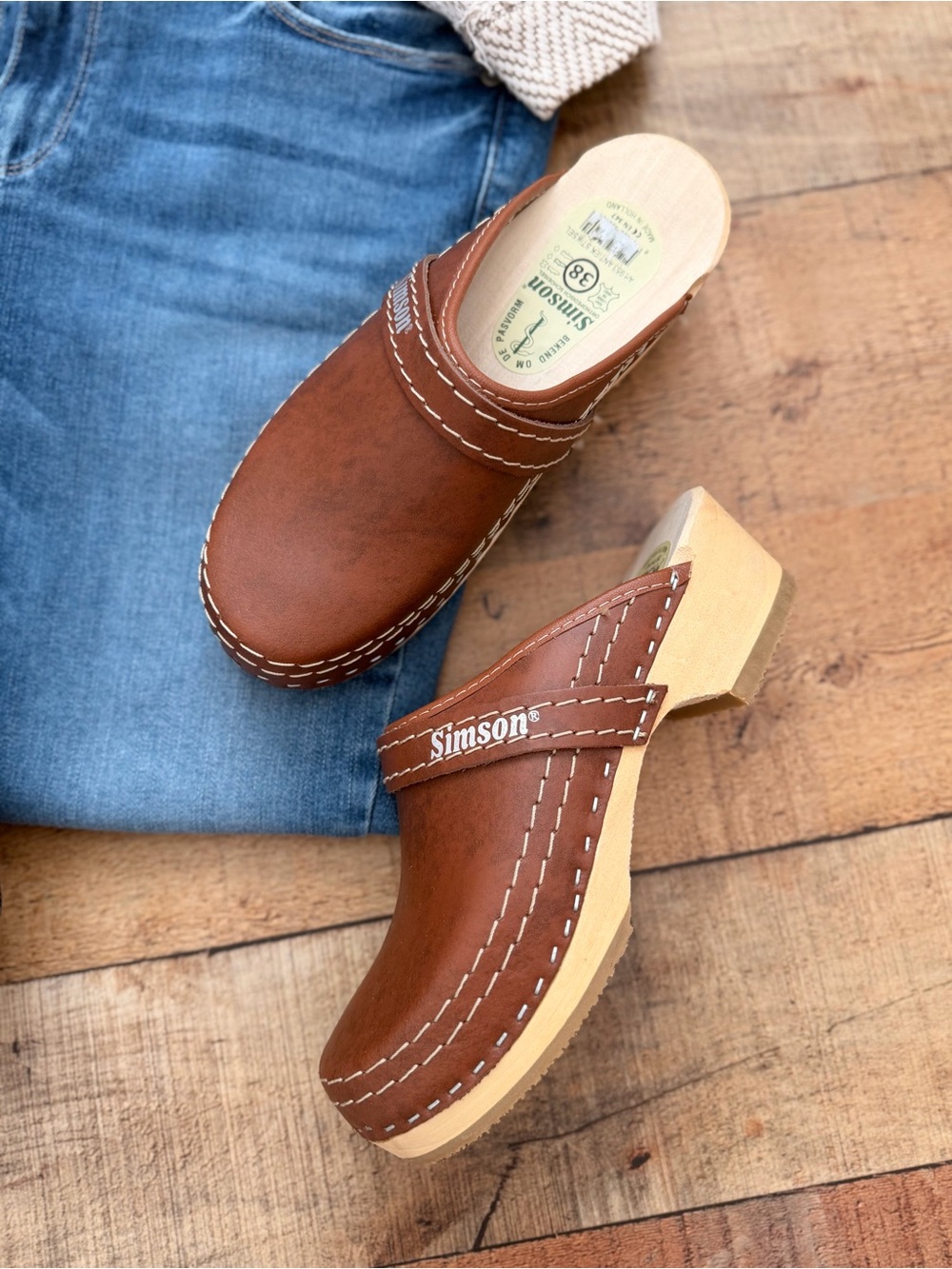 Women's Brown Leather Clogs with Wooden Heel